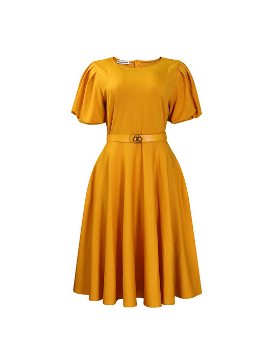 Puff Sleeve Belted A-Line Midi Dress