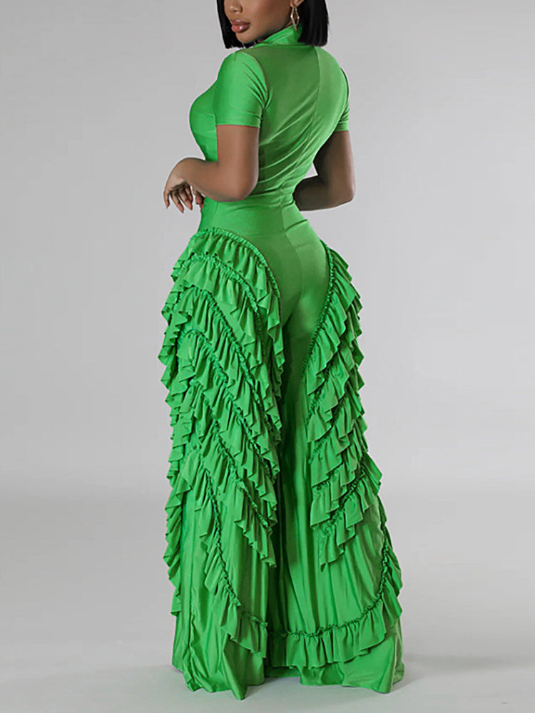 Two Pieces Short Sleeve Ruffle Trim Jumpsuit