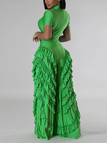 Two Pieces Short Sleeve Ruffle Trim Jumpsuit