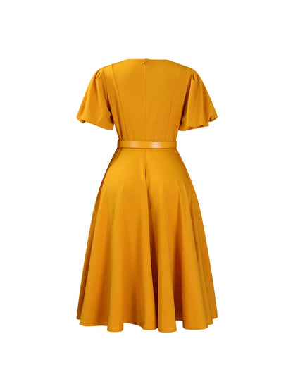 Puff Sleeve Belted A-Line Midi Dress