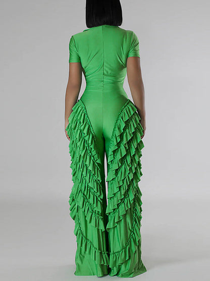 Two Pieces Short Sleeve Ruffle Trim Jumpsuit