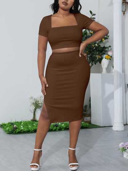 Square Neck Crop Top Side-Slit Midi Skirt