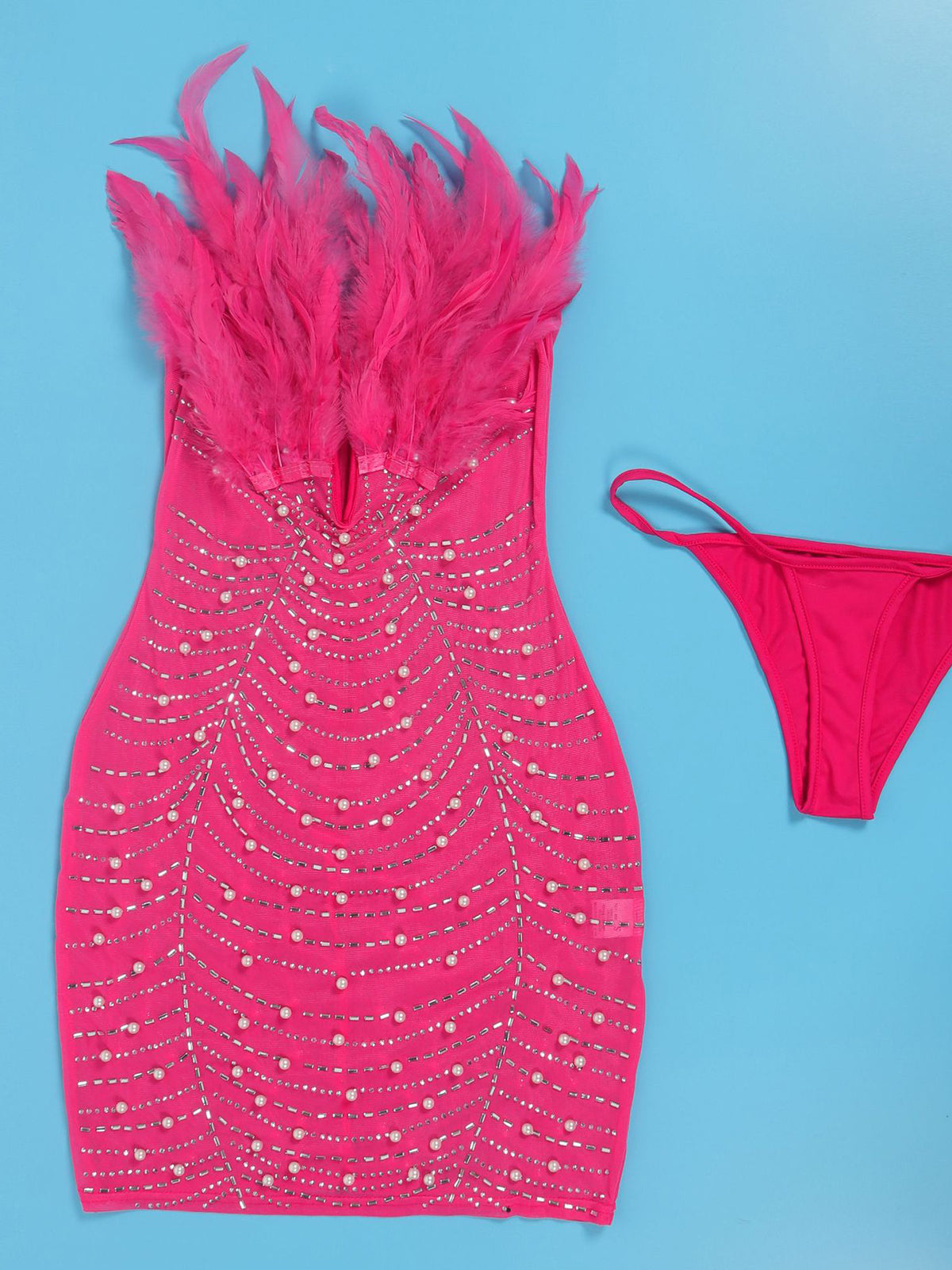 Feather Rhinestone Strapless Mini Dress