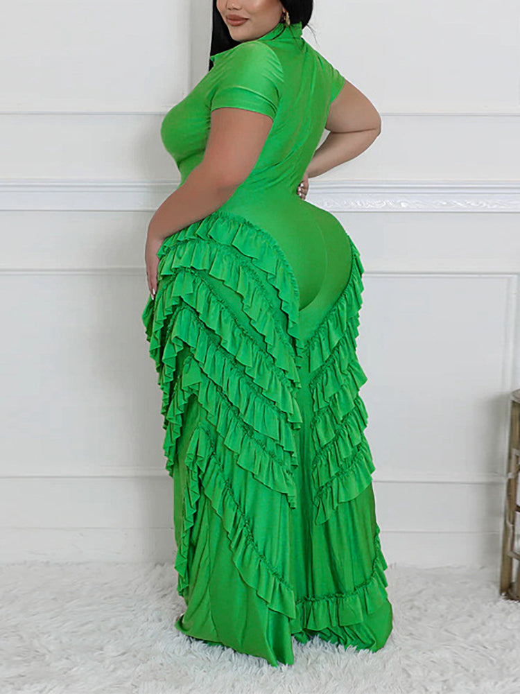 Two Pieces Short Sleeve Ruffle Trim Jumpsuit