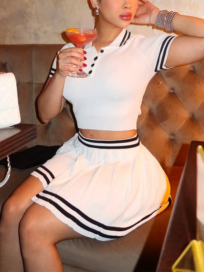 Stripe Knit Polo Crop Top Pleated Skirt Set