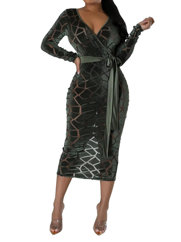 Mesh Patchwork Long Sleeve Bodycon Midi Dress