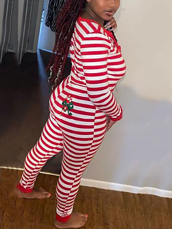 Christmas Striped Print Long Sleeve Jumpsuit