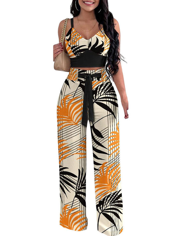 Two Piece Leaves Print Top Long Pants