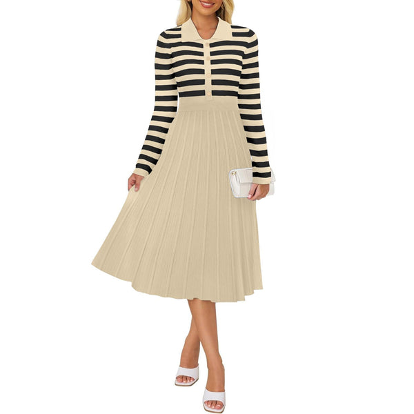 Striped Long Sleeve Button Ribbed Knit Dresses