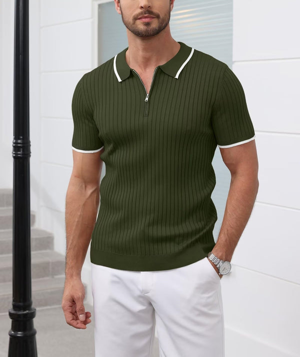 Mens Zipper Ribbed Knit Short Sleeve Top