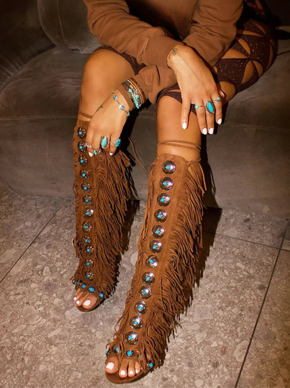 Boho Gemstone Lace-Up Fringe Heeled Sandals