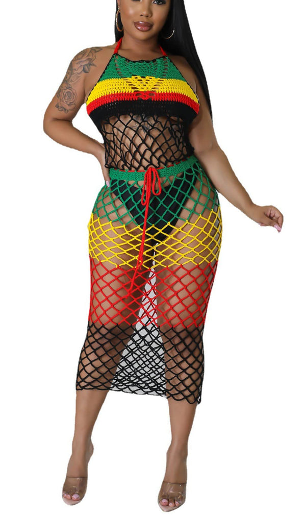 Multicolor Striped Fishnet Cover Up Maxi Dress