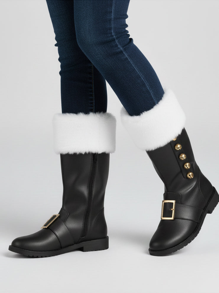 Fur Trim Buckles Bell Decor Santa Boots