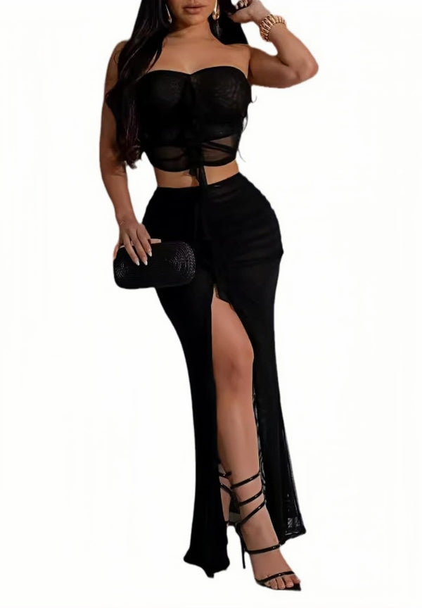 Mesh Two Piece Tube Top Split Maxi Skirts