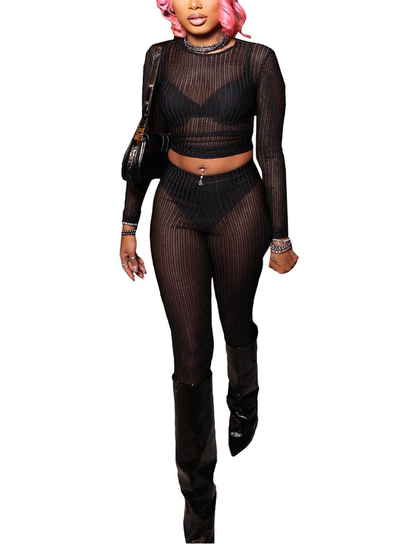 Two Piece Mesh Long Sleeve Crop Top Pants