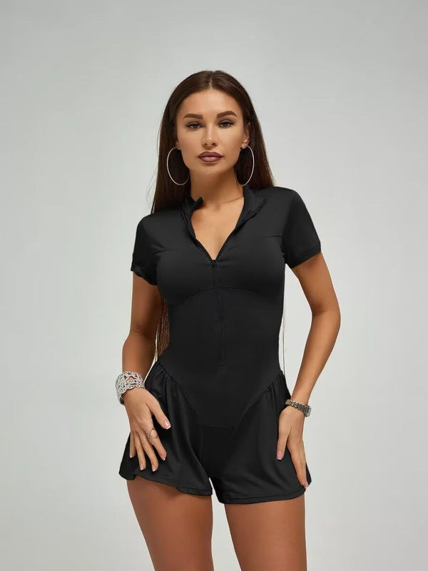 Short Sleeve Zip Front Short Jumpsuit