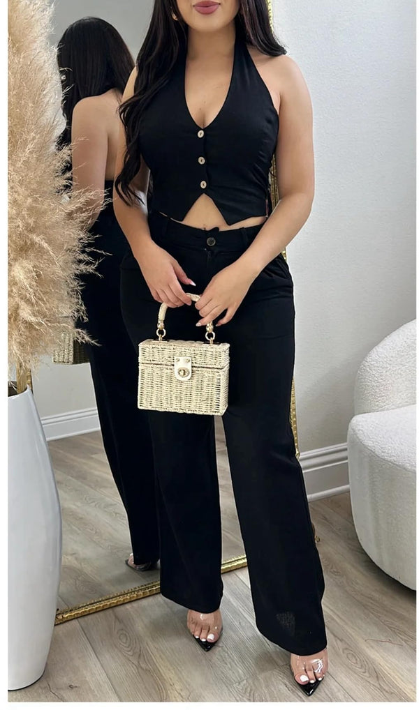 Two Piece Halter Top Wide Leg Pants