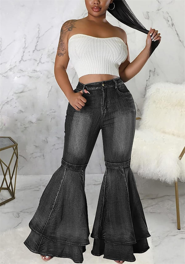 High Waist Layered Ruffle Hem Flare Jeans