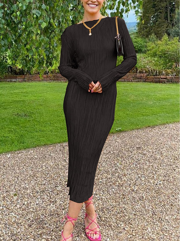 Long Sleeve Pleated Crew Neck Maxi Dress