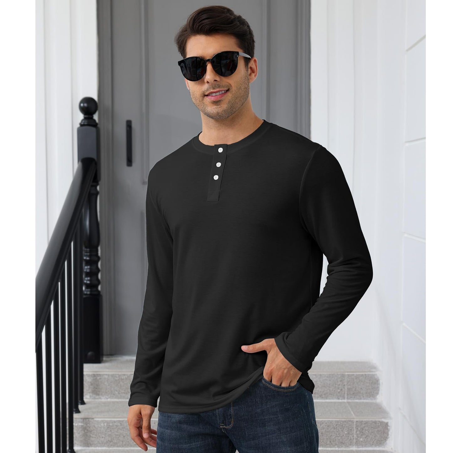 Mens Long Sleeve Soild Button Top