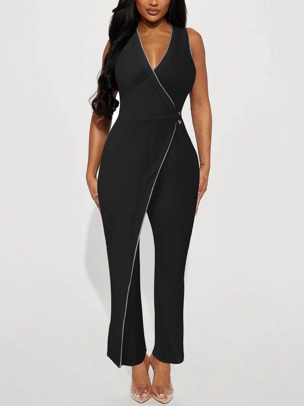 Sleeveless V Neck With Pockets Wide Leg Jumpsuit