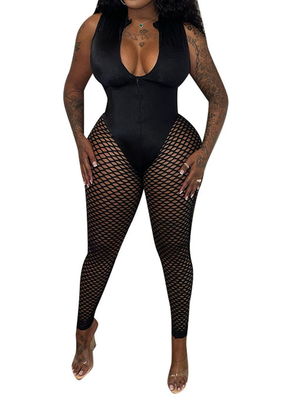 V Neck Sleeveless Bodycon Mesh Jumpsuit