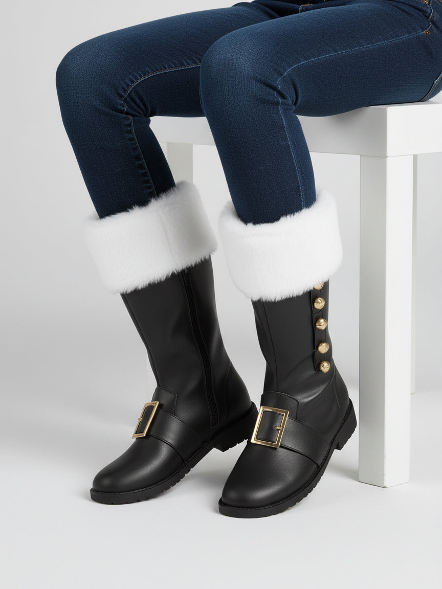Fur Trim Buckles Bell Decor Santa Boots