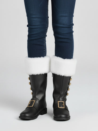 Fur Trim Buckles Bell Decor Santa Boots