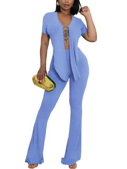 Two Piece Belted Crop Tops Wide Leg Pants Sets