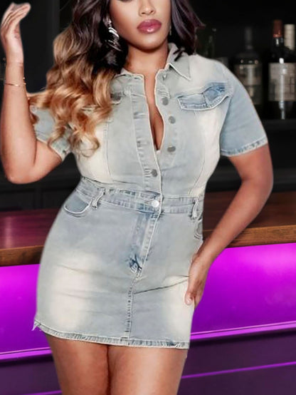 Short Sleeve Button Down Denim Mini Dress