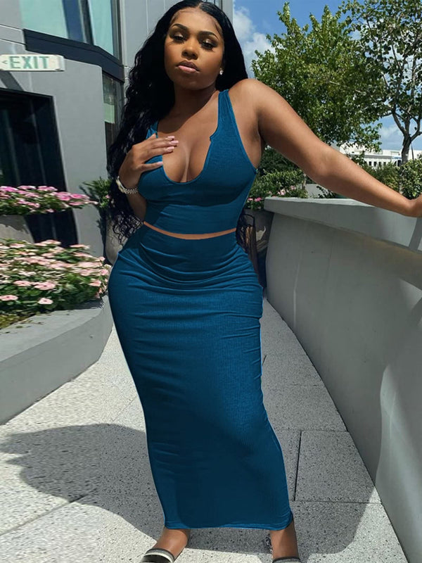 Two Piece Scoop Neck Top Maxi Skirt Set