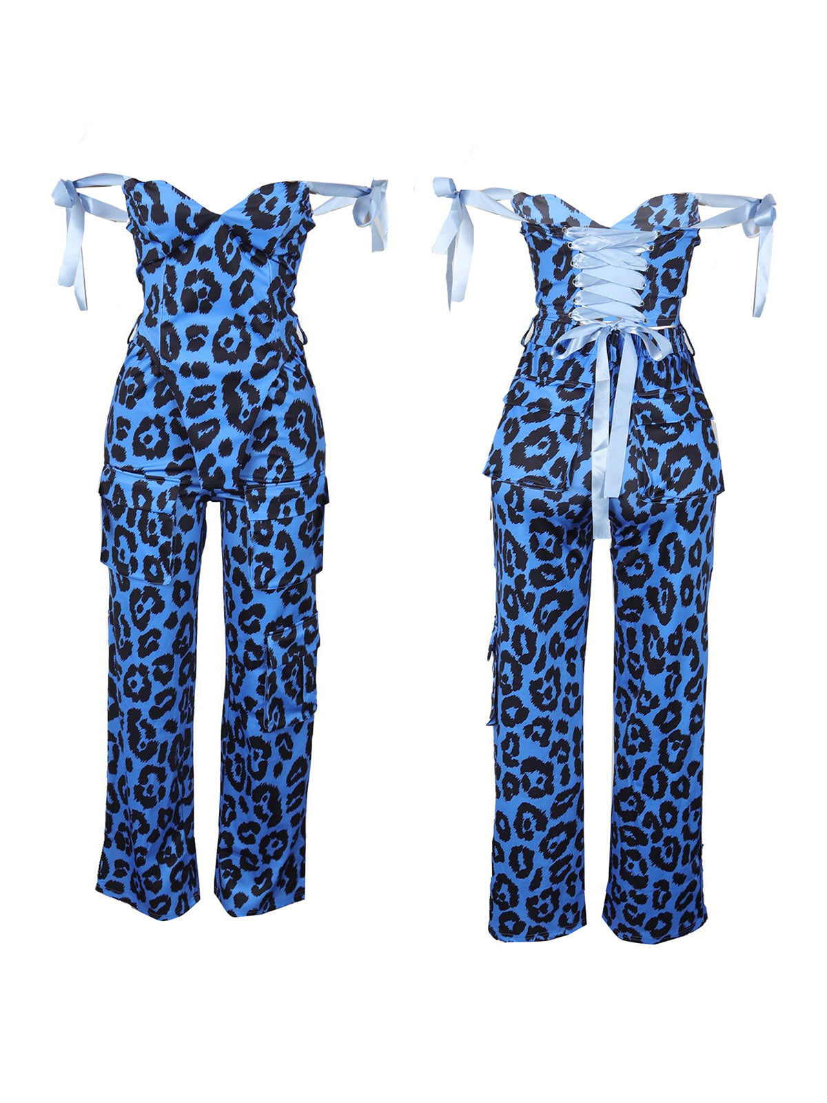 Two Pieces Print Lace-Up Cargo Pants Set