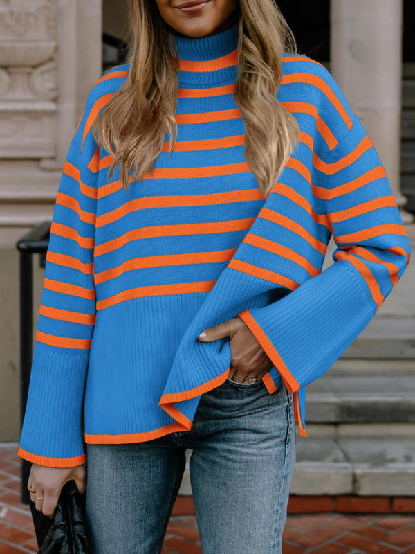 Long Sleeve Turtle Neck Striped Knit Top