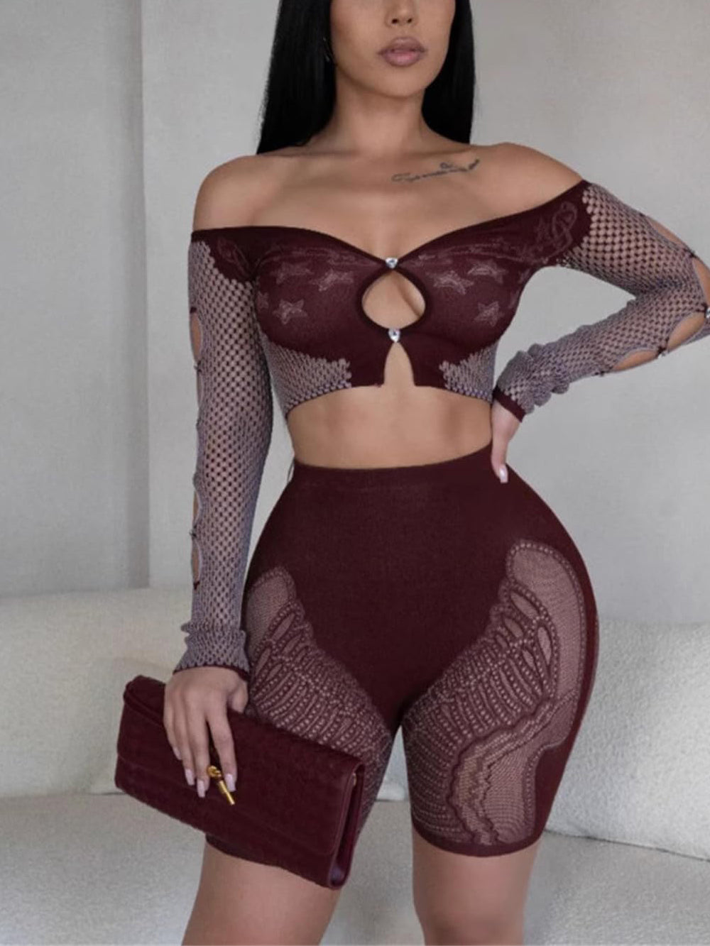 Hollow Out Off Shoulder Short Sets