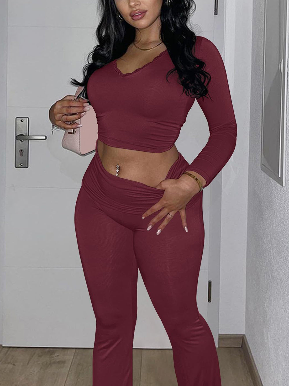 Two Piece Long Sleeve Crop Top Flare Pants Sets