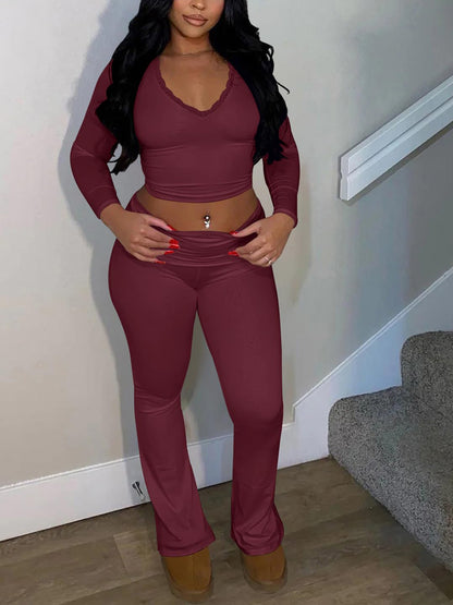 Two Piece Long Sleeve Crop Top Flare Pants Sets