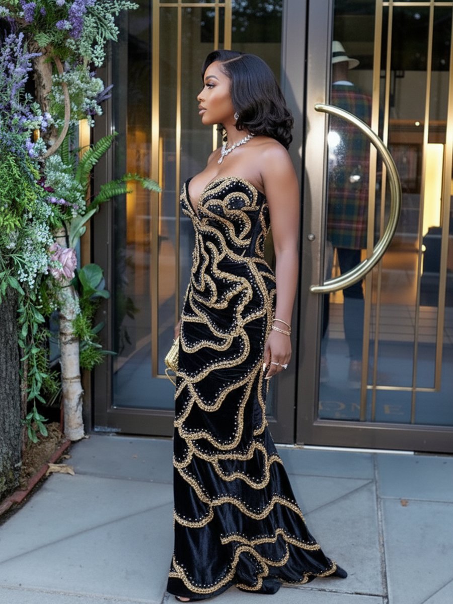 Sequins Strapless Velvet Maxi Dress