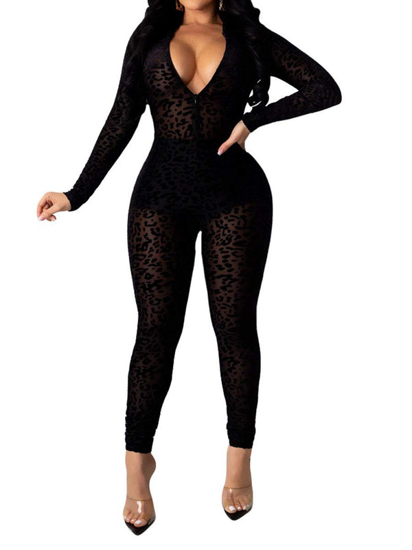 Mesh Long Sleeve V-neck Bodycon Jumpsuit