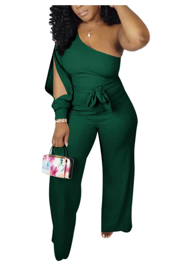 One Shoulder Slit Sleeve Wide Leg Jumpsuit