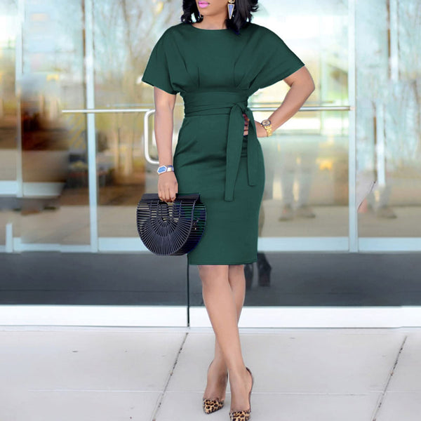 Ruched Short Sleeve with Belt Midi Dress