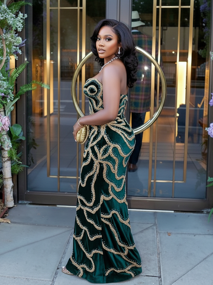 Sequins Strapless Velvet Maxi Dress