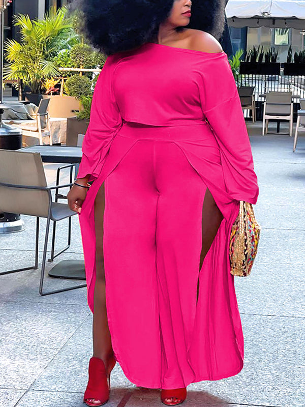 Plus Size Solid Color Top Wide Leg Slit Pants Set