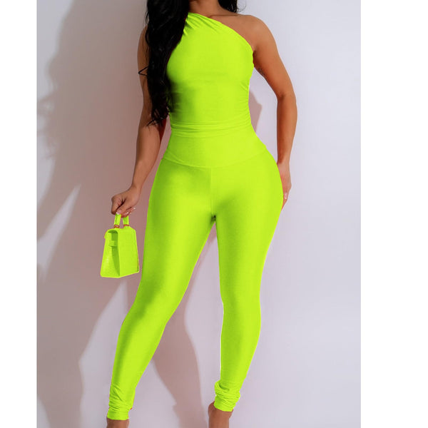 Two Piece One Shoulder Top Bodycon Pants