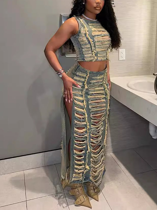 Top sin mangas de mezclilla desgastada de dos piezas y falda dividida 