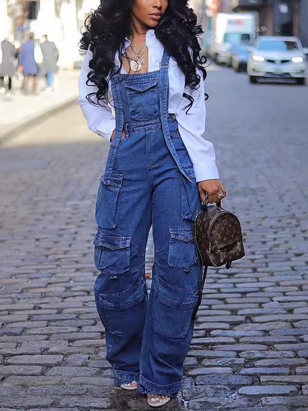 Street Style Multi-Pocket Loose Denim Jumpsuit