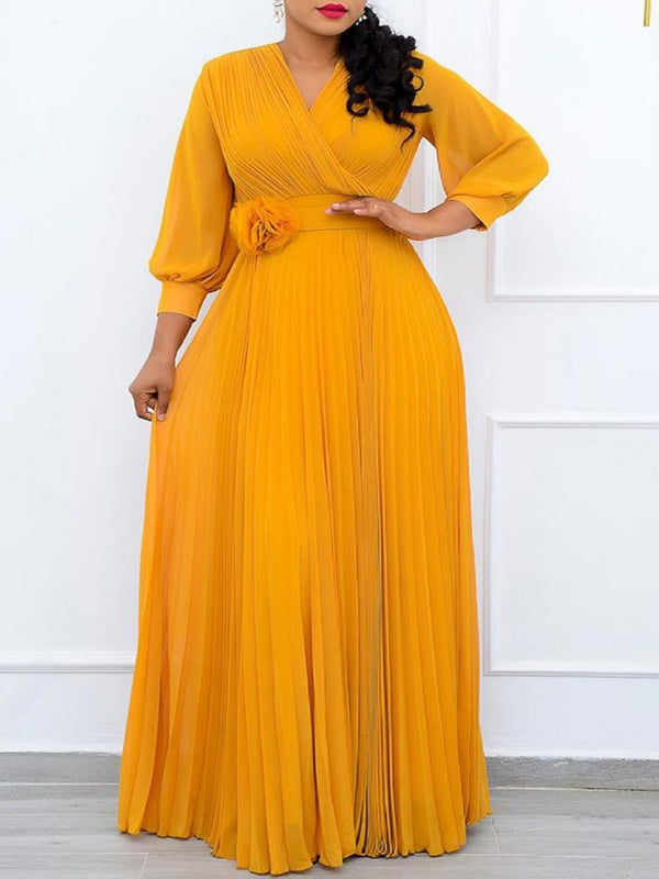 Plus Size Solid Color Pleated Dress with Belt