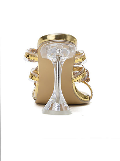 Diapositivas de tacón alto con punta cuadrada y lazo de diamantes de imitación 