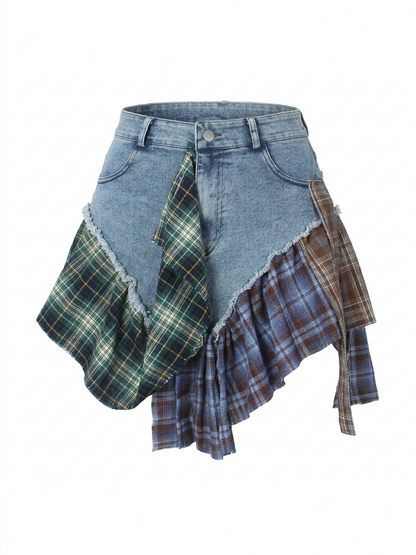 Asymmetric Plaid Patchwork Denim Mini Skirt