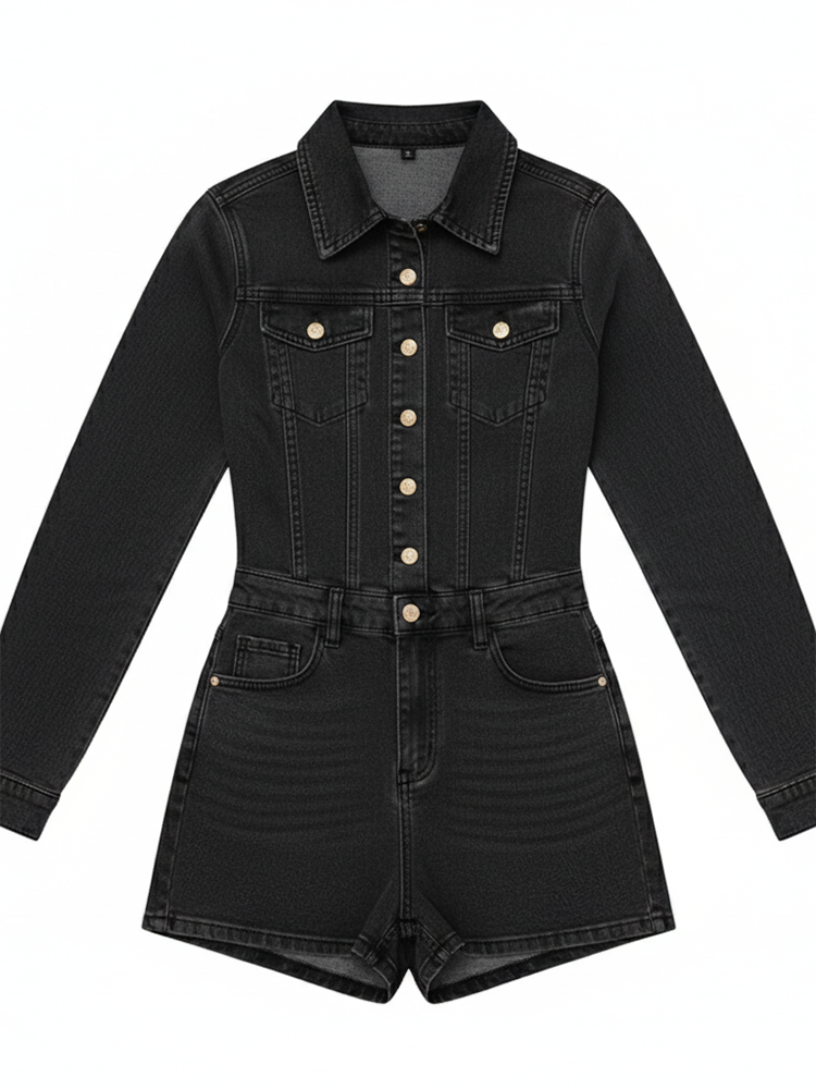 Long Sleeve Button Washed Denim Romper