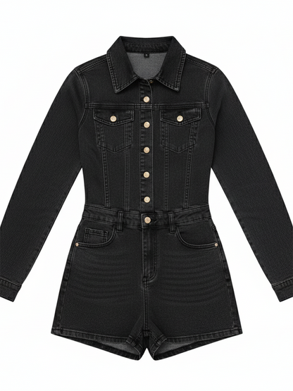 Long Sleeve Button Washed Denim Romper